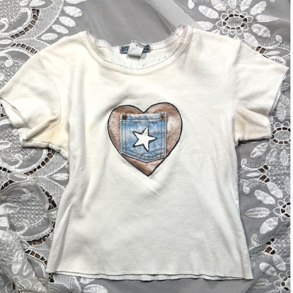 Vintage In Progress 90s Baby Tee White Cotton Heart Denim Pocket Star USA Made